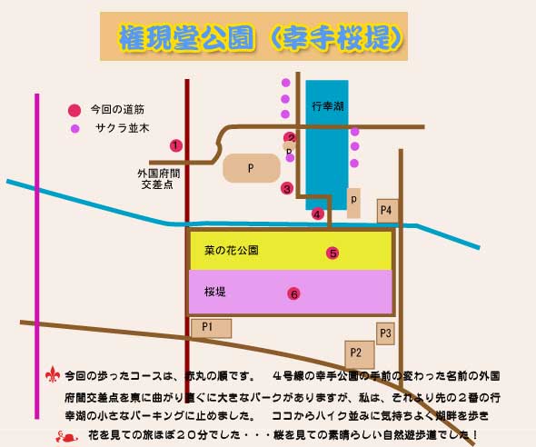 権現堂周辺桜案内地図と駐車場表示